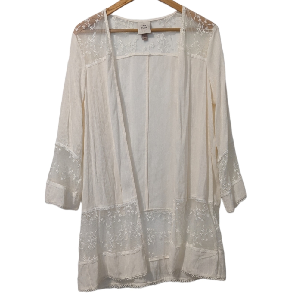Knox Rose White Lace Floral Open Shawl Cardigan Cover Up Small